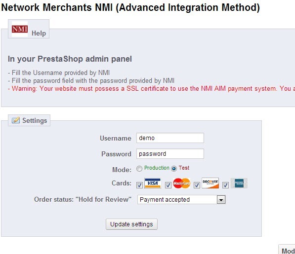 Prestashop NMI Payment Module