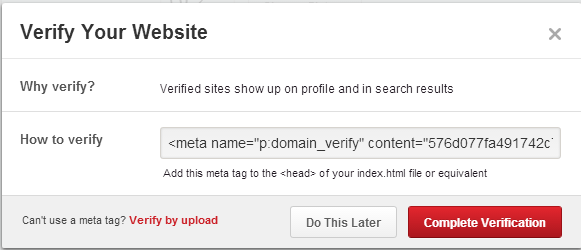 Pinterest Verify Meta Tag