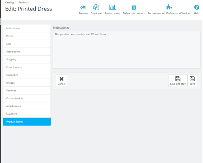 PrestaShop Product Notes